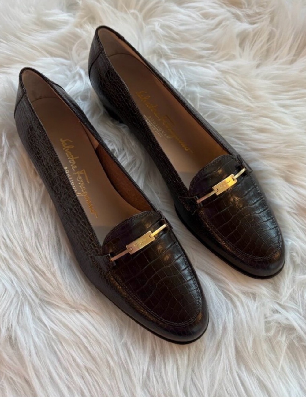 Salvatore Ferragamo Brown Croc-Embossed Leather Loafers with Gold Hardware 8.5